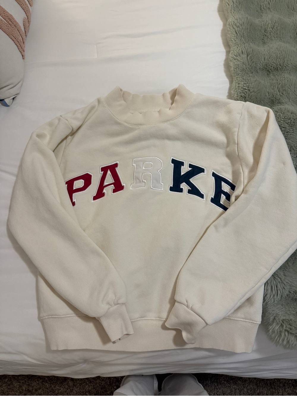 Cream Crewneck Sweatshirt with Red, White & Navy Lettering